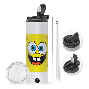 Μπομπ, Travel Tumbler θερμό με διπλό καπάκι, μεταλλικό καλαμάκι και βούρτσα καθαρισμού (Ανωξείδωτο 304 Food grade, BPA free, 600ml)