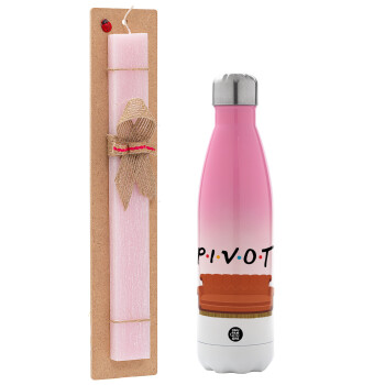 Friends Pivot, Easter Set, Metallic pink/white (Stainless steel) thermos, double-walled, 500ml & aromatic flat Easter candle (30cm) (PINK)