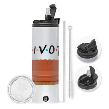 Friends Pivot, Travel Tumbler 2 Lids, with metal straw & cleaning brush (Stainless steel 304 Food grade, BPA free, 600ml)