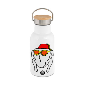 Friends turkey, Metallic thermos (Stainless steel) White with wooden lid (bamboo), double-walled, 350ml