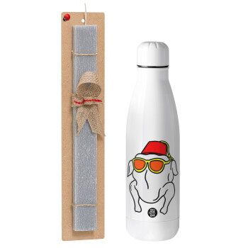 Friends turkey, Easter Set, metallic stainless thermos bottle (500ml) & scented flat Easter candle (30cm) (GRAY)