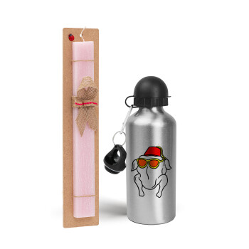 Friends turkey, Easter Set, metallic Silver aluminum water bottle (500ml) & scented flat Easter candle (30cm) (PINK)