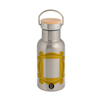 Friends frame, Stainless steel metallic thermos flask, silver with a bamboo lid, double-walled, 350ml.