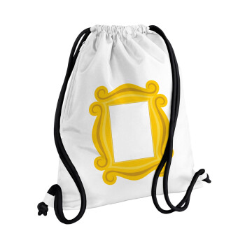 Friends frame, Τσάντα πλάτης πουγκί GYMBAG λευκή, με τσέπη (40x48cm) & χονδρά κορδόνια