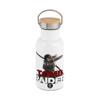 Tomb raider, Μεταλλικό παγούρι θερμός (Stainless steel) Λευκό με ξύλινο καπακι (bamboo), διπλού τοιχώματος, 350ml