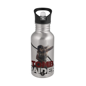 Tomb raider, Water bottle Silver with straw, stainless steel 500ml