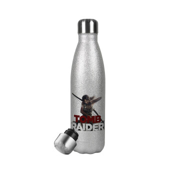 Tomb raider, Μεταλλικό παγούρι θερμός Glitter Aσημένιο (Stainless steel), διπλού τοιχώματος, 500ml