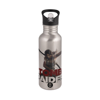 Tomb raider, Water bottle Silver with straw, stainless steel 600ml
