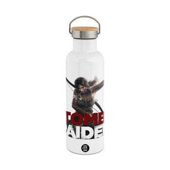 Tomb raider, Stainless steel White with wooden lid (bamboo), double wall, 750ml