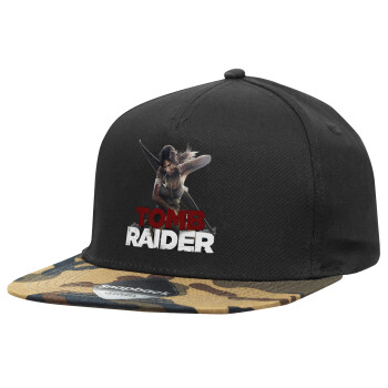 Tomb raider, Adult Flat Snapback Hat Black/Camouflage, (100% COTTON TWILL, ADULT, UNISEX, ONE SIZE)