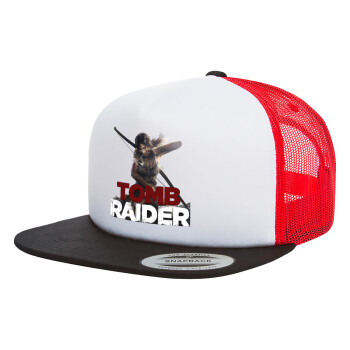 Tomb raider, Adult Foam Flat Snapback with Mesh Black-White-Red (POLYESTER, ADULT, UNISEX, ONE SIZE)