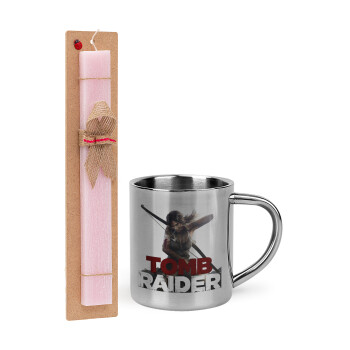 Tomb raider, Πασχαλινό Σετ, μεταλλική κούπα θερμό (300ml) & πασχαλινή λαμπάδα αρωματική πλακέ (30cm) (ΡΟΖ)