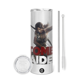 Tomb raider, Tumbler ποτήρι θερμό από ανοξείδωτο ατσάλι 600ml, με μεταλλικό καλαμάκι & βούρτσα καθαρισμού