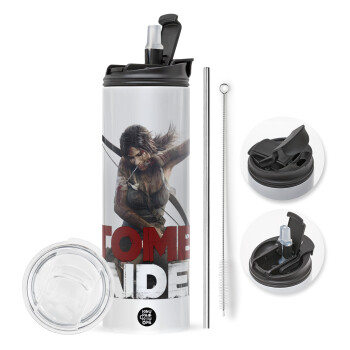 Tomb raider, Travel Tumbler θερμό με διπλό καπάκι, μεταλλικό καλαμάκι και βούρτσα καθαρισμού (Ανωξείδωτο 304 Food grade, BPA free, 600ml)