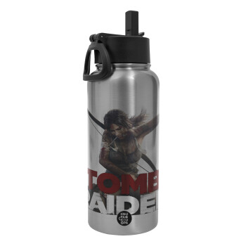 Tomb raider, Metal mug thermo Silver with Straw and Spout Lid (Stainless steel), double wall, 950ml