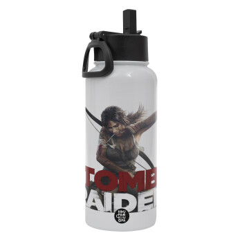 Tomb raider, Metal mug thermo White with Straw and Spout Lid (Stainless steel), double wall, 950ml