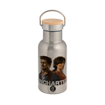 Uncharted, Stainless steel metallic thermos flask, silver with a bamboo lid, double-walled, 350ml.