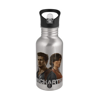 Uncharted, Water bottle Silver with straw, stainless steel 500ml