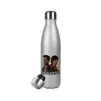 Uncharted, Metallic Glitter Silver Thermos Flask (Stainless steel), double-walled, 500ml