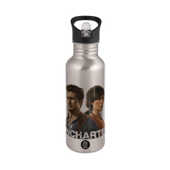 Uncharted, Water bottle Silver with straw, stainless steel 600ml
