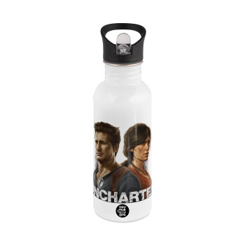 Uncharted, White water bottle with straw, stainless steel 600ml