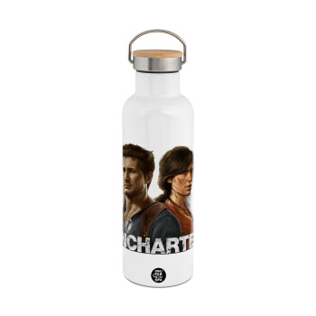 Uncharted, Μεταλλικό παγούρι θερμός (Stainless steel) Λευκό με ξύλινο καπακι (bamboo), διπλού τοιχώματος, 750ml