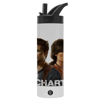 Uncharted, Metallic thermos bottle with straw & handle, stainless steel (Stainless steel 304), double-walled, 600ml.