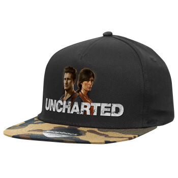 Uncharted, Adult Flat Snapback Hat Black/Camouflage, (100% COTTON TWILL, ADULT, UNISEX, ONE SIZE)