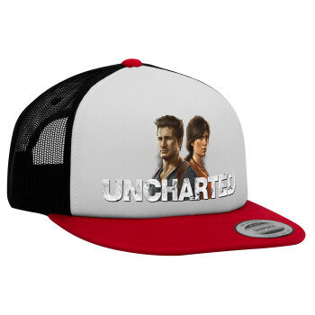 Uncharted, Adult Foam Flat Snapback with Mesh Red-White-Black (POLYESTER, ADULT, UNISEX, ONE SIZE)