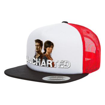 Uncharted, Adult Foam Flat Snapback with Mesh Black-White-Red (POLYESTER, ADULT, UNISEX, ONE SIZE)