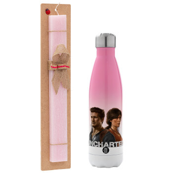 Uncharted, Easter Set, Metallic pink/white (Stainless steel) thermos, double-walled, 500ml & aromatic flat Easter candle (30cm) (PINK)