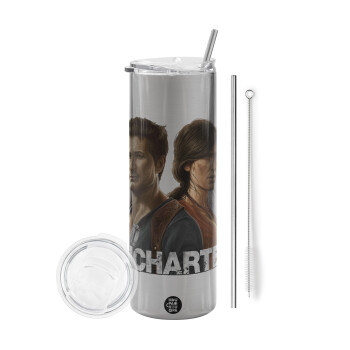 Uncharted, Eco friendly ποτήρι θερμό Ασημένιο (tumbler) από ανοξείδωτο ατσάλι 600ml, με μεταλλικό καλαμάκι & βούρτσα καθαρισμού