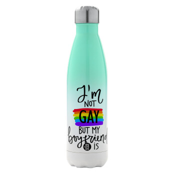 i'a not gay, but my boyfriend is., Metal mug thermos Green/White (Stainless steel), double wall, 500ml