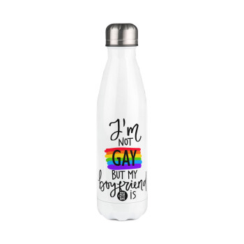 i'a not gay, but my boyfriend is., Metal mug thermos White (Stainless steel), double wall, 500ml