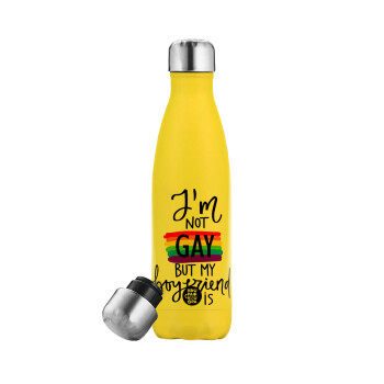 i'a not gay, but my boyfriend is., Yellow Stainless Steel Metallic Thermos, double-walled, 500ml