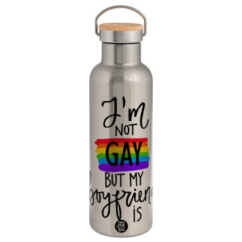 i'a not gay, but my boyfriend is., Stainless steel Silver with wooden lid (bamboo), double wall, 750ml