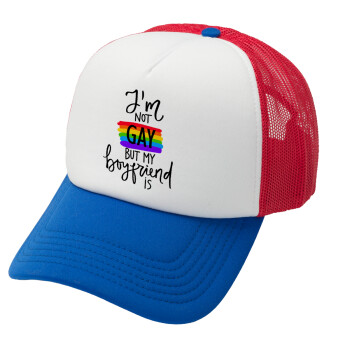 i'a not gay, but my boyfriend is., Καπέλο Ενηλίκων Soft Trucker με Δίχτυ Red/Blue/White (POLYESTER, ΕΝΗΛΙΚΩΝ, UNISEX, ONE SIZE)