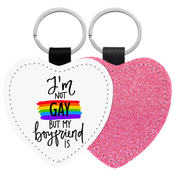 i'a not gay, but my boyfriend is., Μπρελόκ PU δερμάτινο glitter καρδιά ΡΟΖ