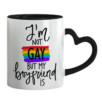 i'a not gay, but my boyfriend is., Κούπα καρδιά χερούλι μαύρη, κεραμική, 330ml