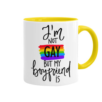 i'a not gay, but my boyfriend is., Mug colored yellow, ceramic, 330ml