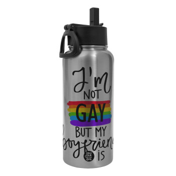 i'a not gay, but my boyfriend is., Metal mug thermo Silver with Straw and Spout Lid (Stainless steel), double wall, 950ml