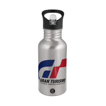 gran turismo, Water bottle Silver with straw, stainless steel 500ml