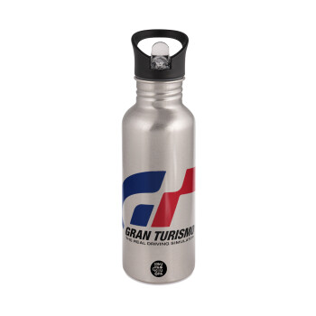 gran turismo, Water bottle Silver with straw, stainless steel 600ml