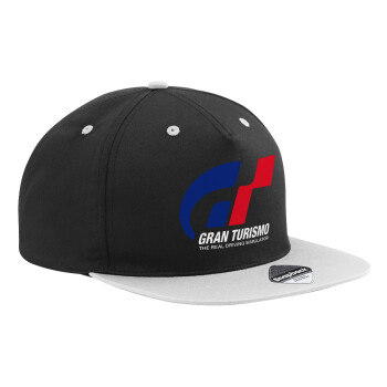 gran turismo, Adult Flat Snapback Hat Black/Grey, (100% COTTON TWILL, ADULT, UNISEX, ONE SIZE)