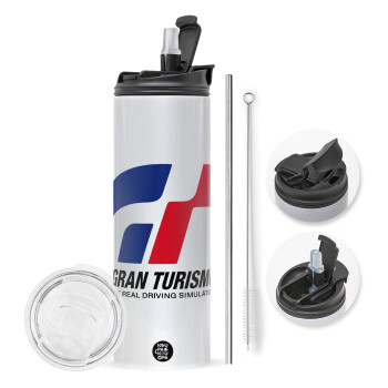 gran turismo, Travel Tumbler 2 Lids, with metal straw & cleaning brush (Stainless steel 304 Food grade, BPA free, 600ml)