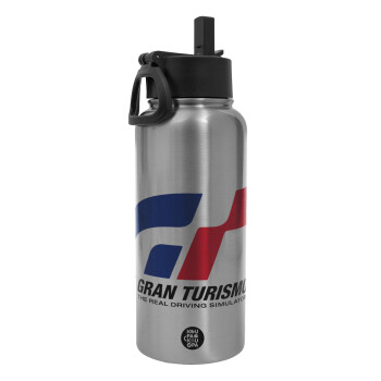 gran turismo, Metal mug thermo Silver with Straw and Spout Lid (Stainless steel), double wall, 950ml