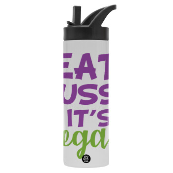 EAT pussy it's vegan, Metallic thermos bottle with straw & handle, stainless steel (Stainless steel 304), double-walled, 600ml.