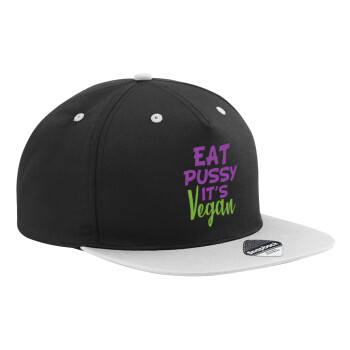 EAT pussy it's vegan, Καπέλο Ενηλίκων Flat Snapback Μαύρο/Γκρι, (100% ΒΑΜΒΑΚΕΡΟ TWILL, ΕΝΗΛΙΚΩΝ, UNISEX, ONE SIZE)