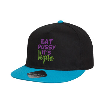 EAT pussy it's vegan, Καπέλο παιδικό Flat Snapback, Μαύρο/Μπλε (100% ΒΑΜΒΑΚΕΡΟ, ΠΑΙΔΙΚΟ, UNISEX, ONE SIZE)