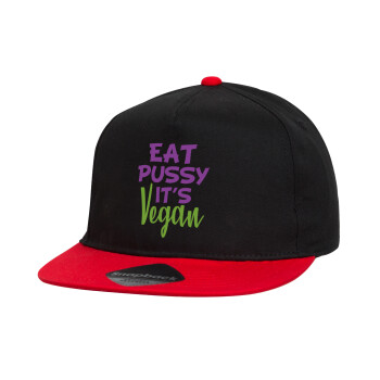 EAT pussy it's vegan, Children's Flat Snapback Hat, Black/Red (100% COTTON, CHILDREN'S, UNISEX, ONE SIZE)